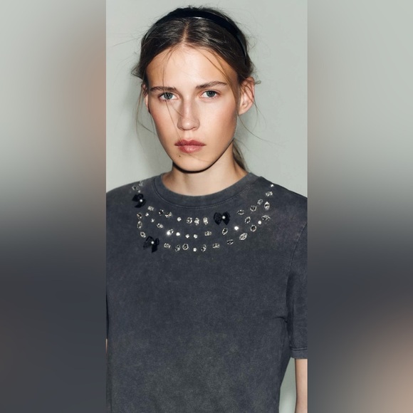 Zara Tops - Zara Anthracite Gray T-Shirt With Rhinestones & Bows | XL | Cotton | NWT